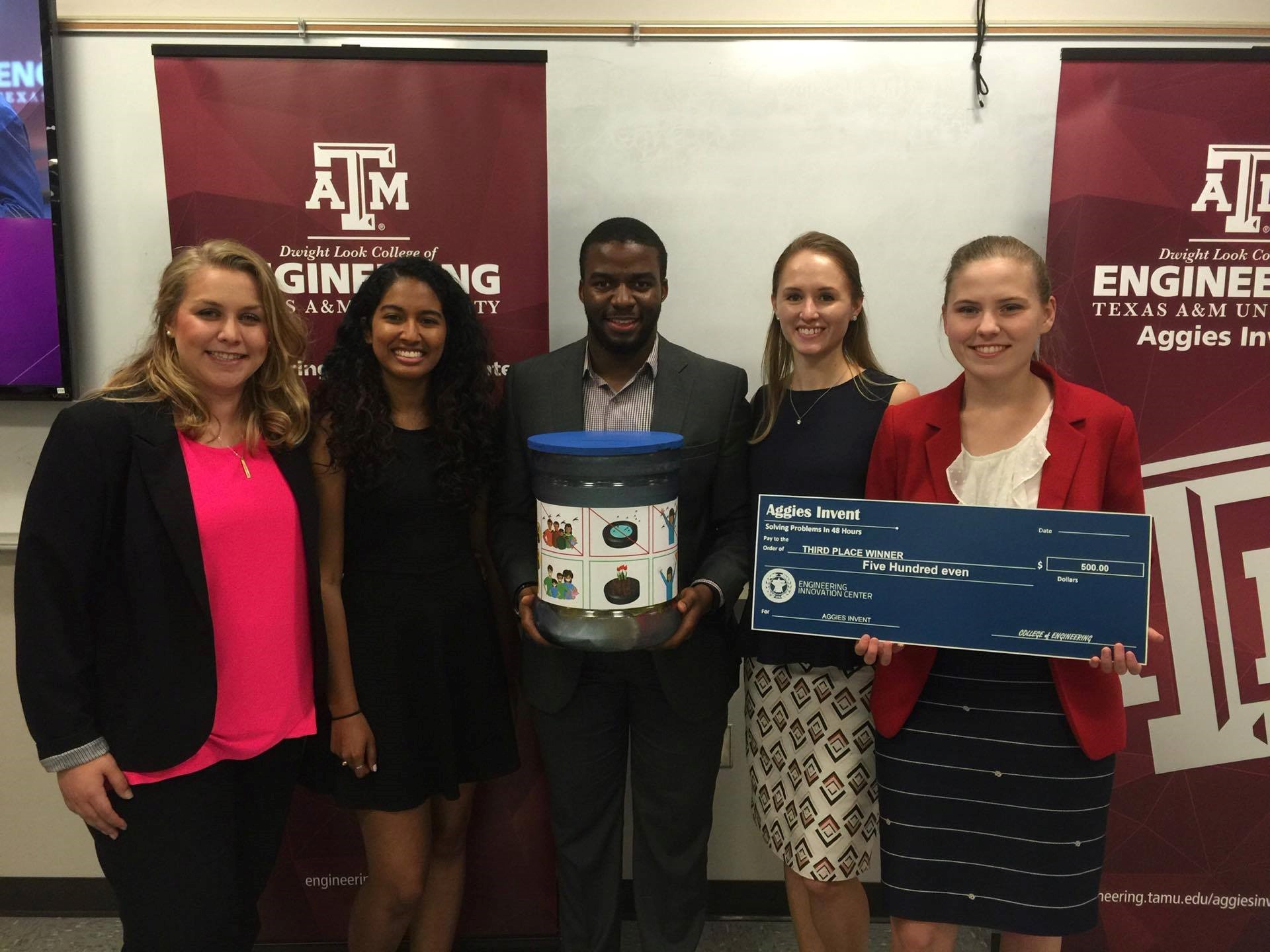 Wichita State students LaRissa Lawrie, far left, and Hannah Hund, far right, teamed up with students from Texas A&M and East Carolina University during the Innovate Against Zika Challenge. Their prototype won third place.