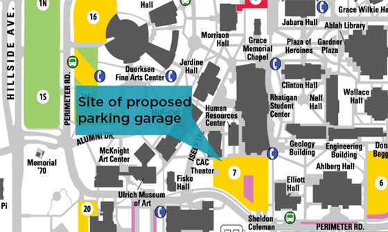 The parking garage will be built south of the Rhatigan Student Center.