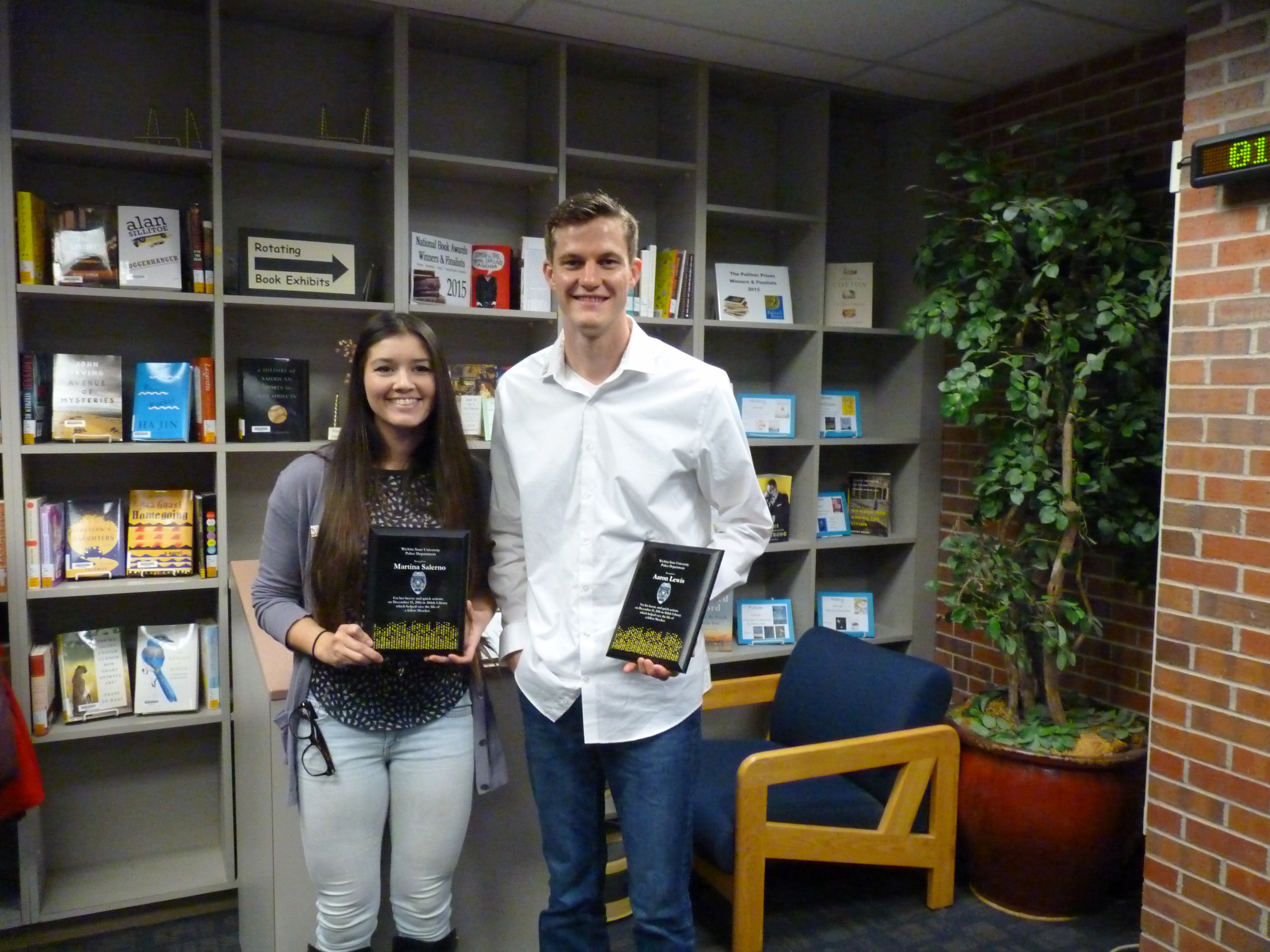 Wichita State University honored Aaron Lewis and Martina Salerno for their action in saving the life of a fellow student.