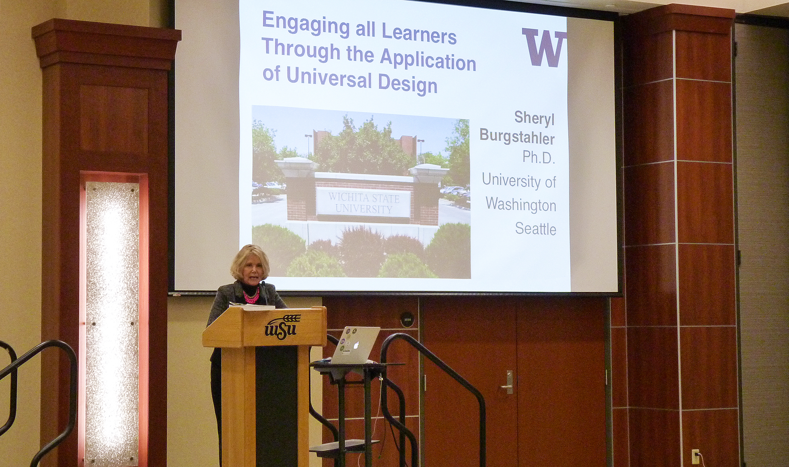 Sheryl Burgstahler spoke to Wichita State faculty and staff about incorporating the Universal Design approach to their curriculum.