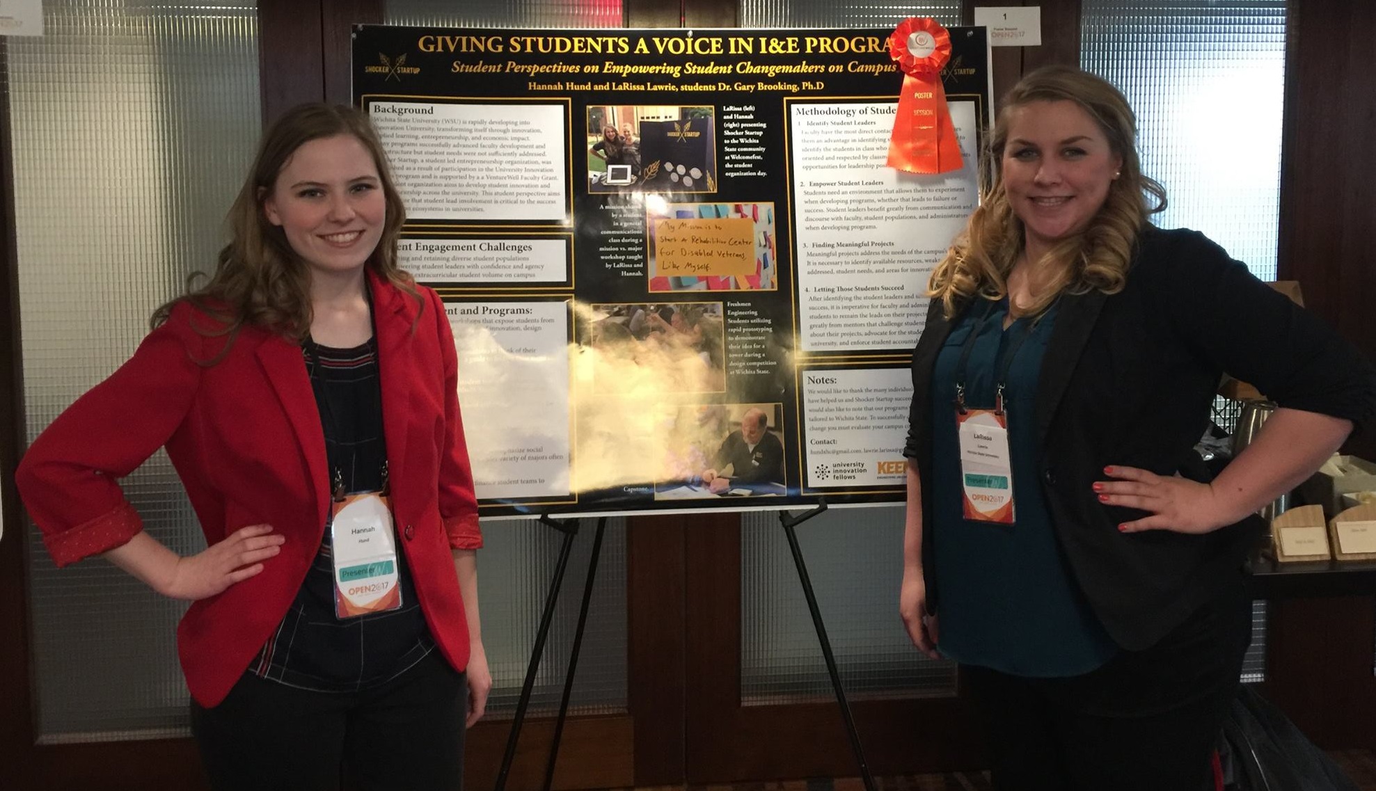 Wichita State seniors Hannah Hund and LaRissa Lawrie presented a poster on student-led innovation and entrepreneurship at the OPEN 2017 conference on March 23-26, in Washington.