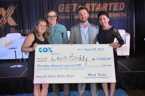 Junior Steve Werner, second from the right, and his team created Lawn Buddy, an Uber-like service for lawn care and snow removal. Lawn Buddy is one of the many businesses helped by the Shocker Innovation Corps program.