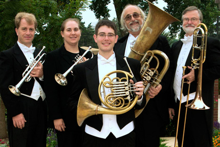 The Wichita Brass Quintet will close out the month with a Faculty Artist Recital on March 31. From left are Donald Duncan, trumpet; Erin Carrick, trumpet; Dan Nebel, French horn; Phillip Black, tuba; and Russ Widener, trombone.