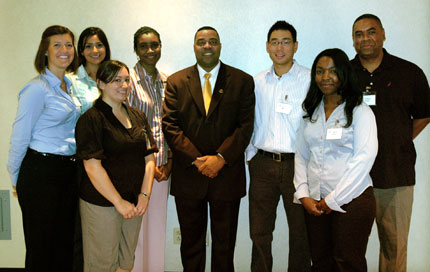 The inaugural class of the Advanced Education in General Dentistry program is (back row, l-r) Stacey Beard, Homaira Avendano, Yvette Chastanet, Dexter Woods, director of the AEGD program, Justin Wu and Sidney Lenox; (front row, l-r) Amy Rodriguez and Jeanette Young.