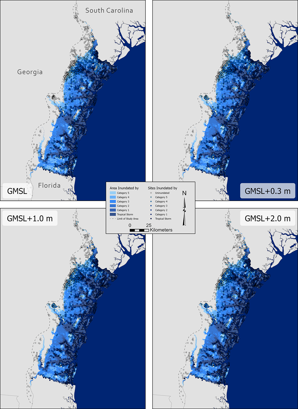 Worst-case scenarios for storm surge inundation along the Georgia coast according to increasingly severe hurricanes and sea level rise scenarios as modeled in the paper.