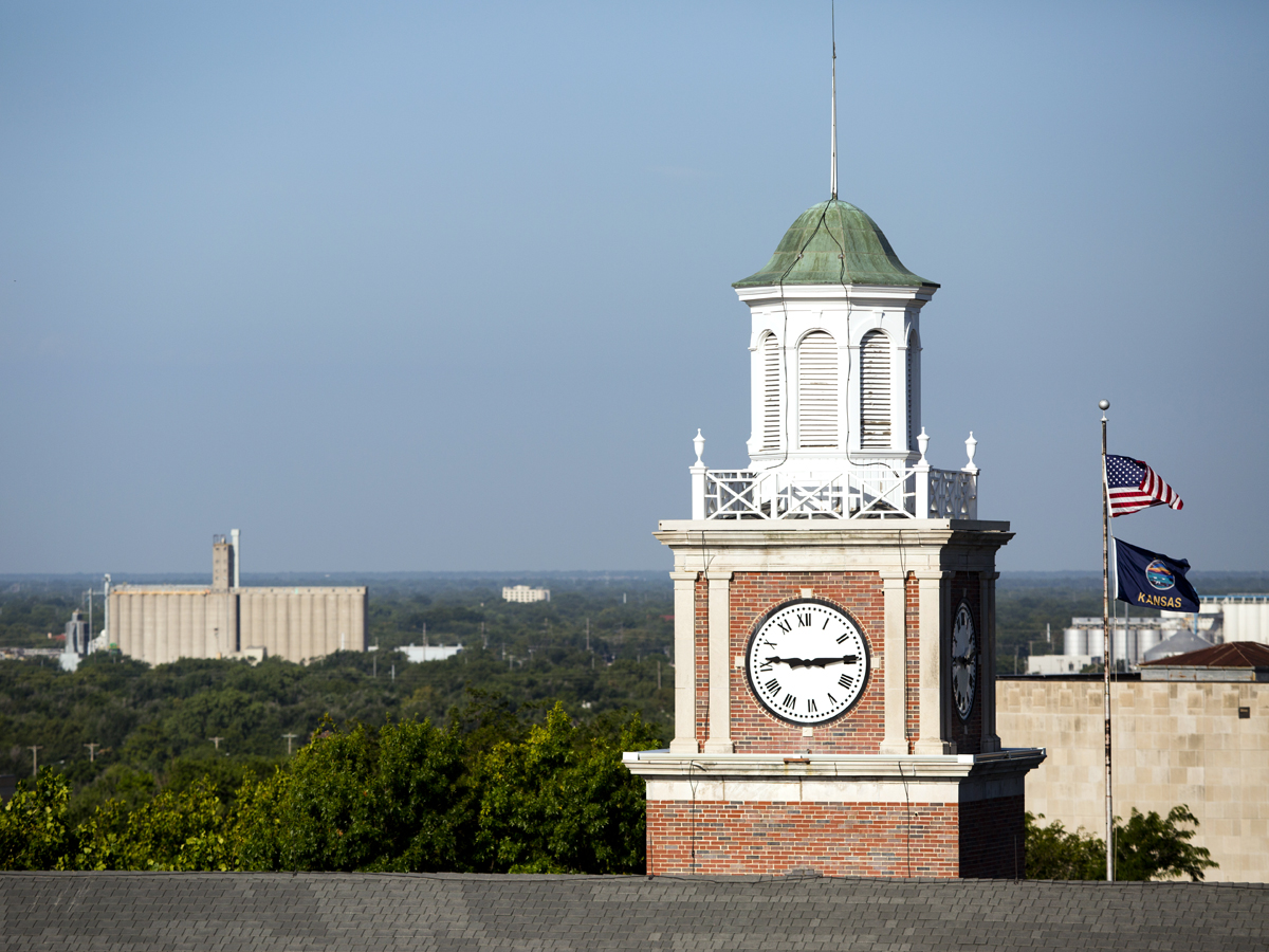 Morrison Hall clocktower looking west over the grain elevators