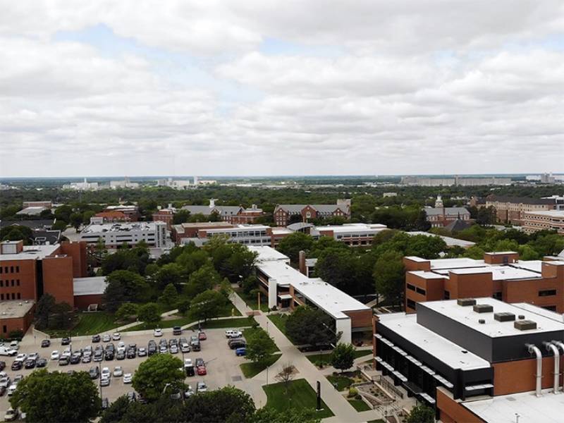 Aerial view of clock tower at Wichita State University campus.