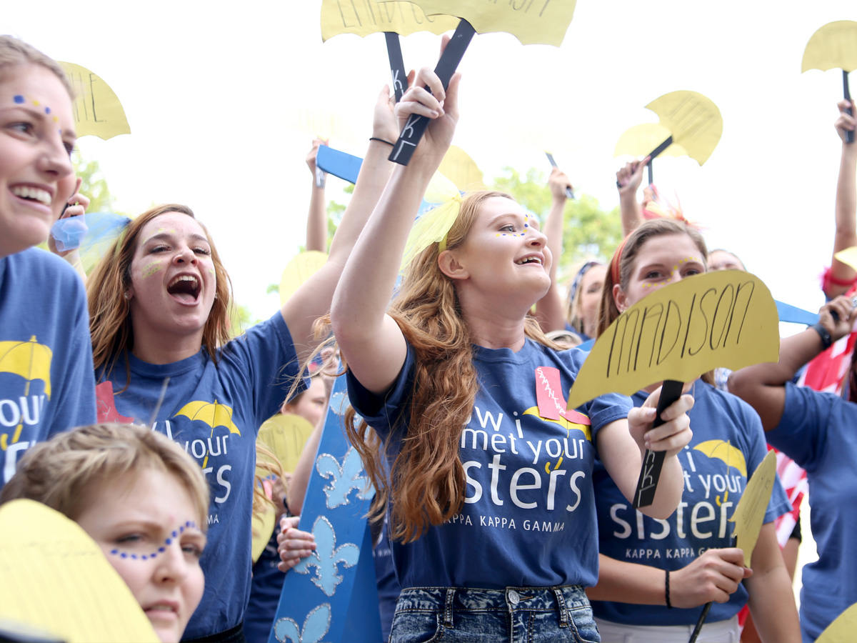 Shocker women rally at sorority Bid Day in 2018.