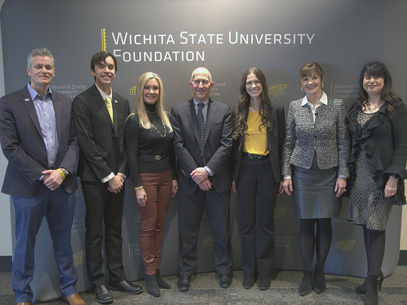 From left to right: WSU President Rick Muma, Jabara Scholarship winner Cohen Ayres, Jabara Trustees Harvey and Missy Jabara, Jabara Scholarship winner Grace Simon, WSU Foundation President and CEO Elizabeth King, and Dean of the Barton School of Business Larisa Genin after awarding the 2022 Professor Fran Jabara Endowed Scholarship in Entrepreneurship.