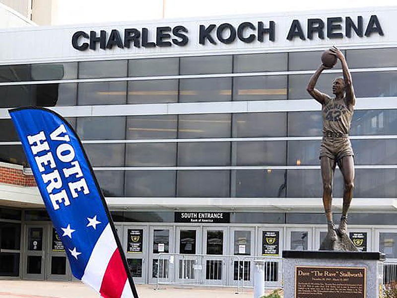 'Vote Here' sign at Charles Koch Arena