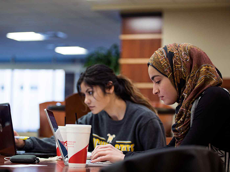 Two women work on computers