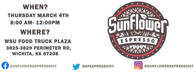Two food trucks to be at the Food Truck Plaza on Thursday, March 4.  Sunflower Espresso with be serving tasty coffees and other beverages between 8 a.m. to noon.  Dr. Tawook is a new authentic Mediterranean food truck that uses locally grown ingredients. Dr. Tawook will be here between 11 a.m. to 1:30 p.m.