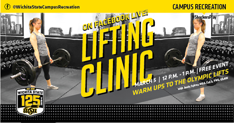 Lifting Clinic on Facebook Live. March 5. 12 p.m. to 1 p.m. Free event. Warm ups to the Olympic Lifts with Andy Sykes MEd, CSCS, FNS, USAW.