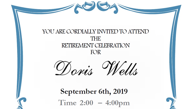 Doris Wells retirement celebration Sept. 6, 2019