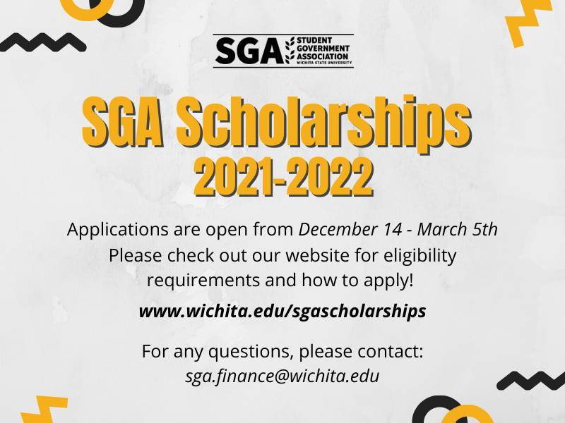 Gray background with the SGA logo at the top in black text below is "SGA Scholarships 2021-2022" in yellow text. Below that is the information that is included in the posting in black text.