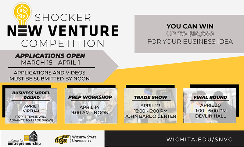 Shocker New Venture Competition. You can win up tp $10,000 for your business idea. Applications open March 15 - April 1. Applications and videos must be submitted by noon. Business model round, April 1, virtual (top 16 teams will advance to trade show). Prep Workshop, April 14 9:00 am - noon. Trade show April 23 12:00 - 6:00pm John Bardo Center. Final round April 30, 1:00 - 6:00 pm Devlin Hall. Center For Entrepreneurship. Wichita State University. Wichita.edu/snvc