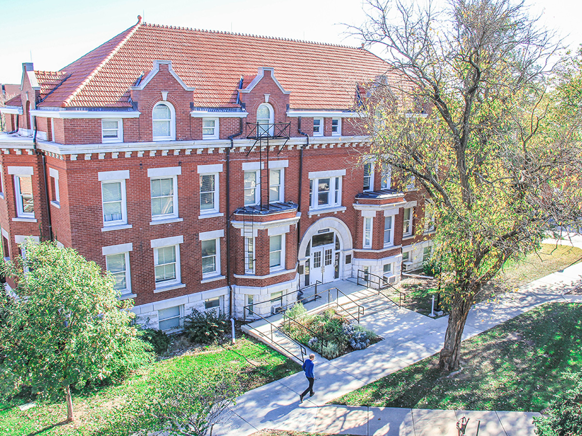 Fiske Hall, a brick and stone building on the campus of Wichita State