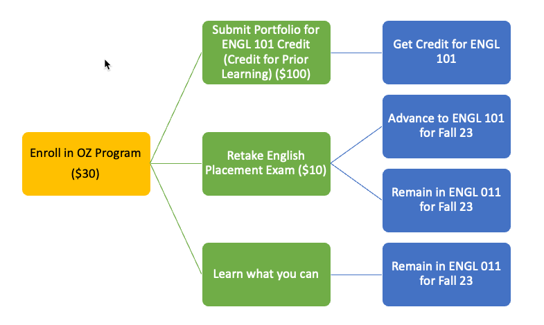 This diagram shows the possible outcomes for the OZ English Composition program, which are detailed in the list above.