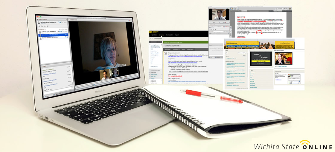 Photo of a laptop computer and notebook.