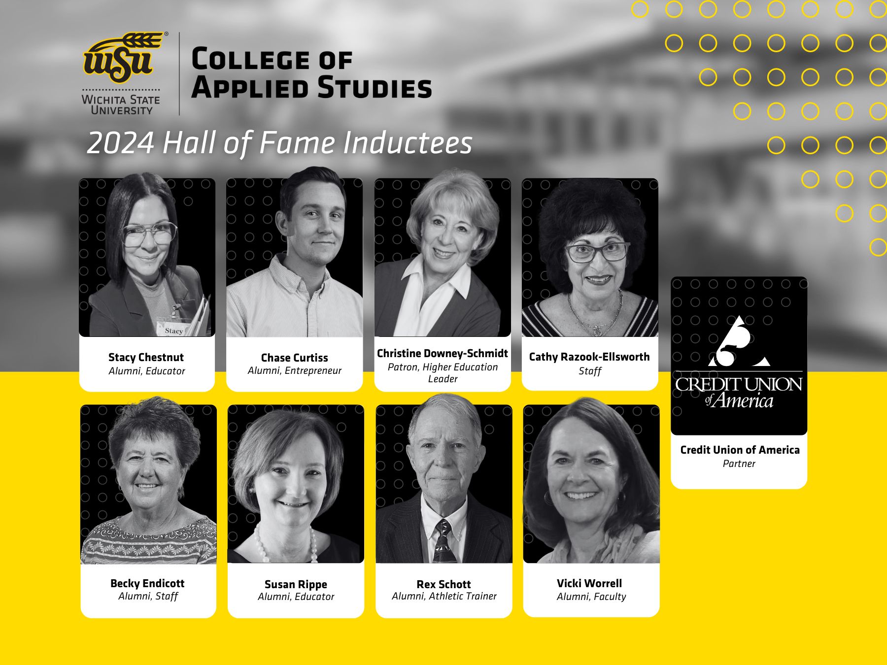 Graphic with pictures and titles of new CAS hall of fame members - Stacy Chestnut, Chase Curtiss, Christine Downey-Schmidt, Cathy Razook-Ellsworth, Becky Endicott, Susan Rippe, Rex Schott, Vicki Worrell