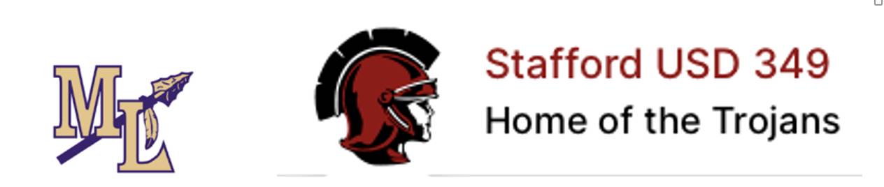 Image of logos for Medicine Lodge schools and Stafford USD 349. The Stafford 340 logo features a Trojan helmet and the motto, "Home of the Trojans."
