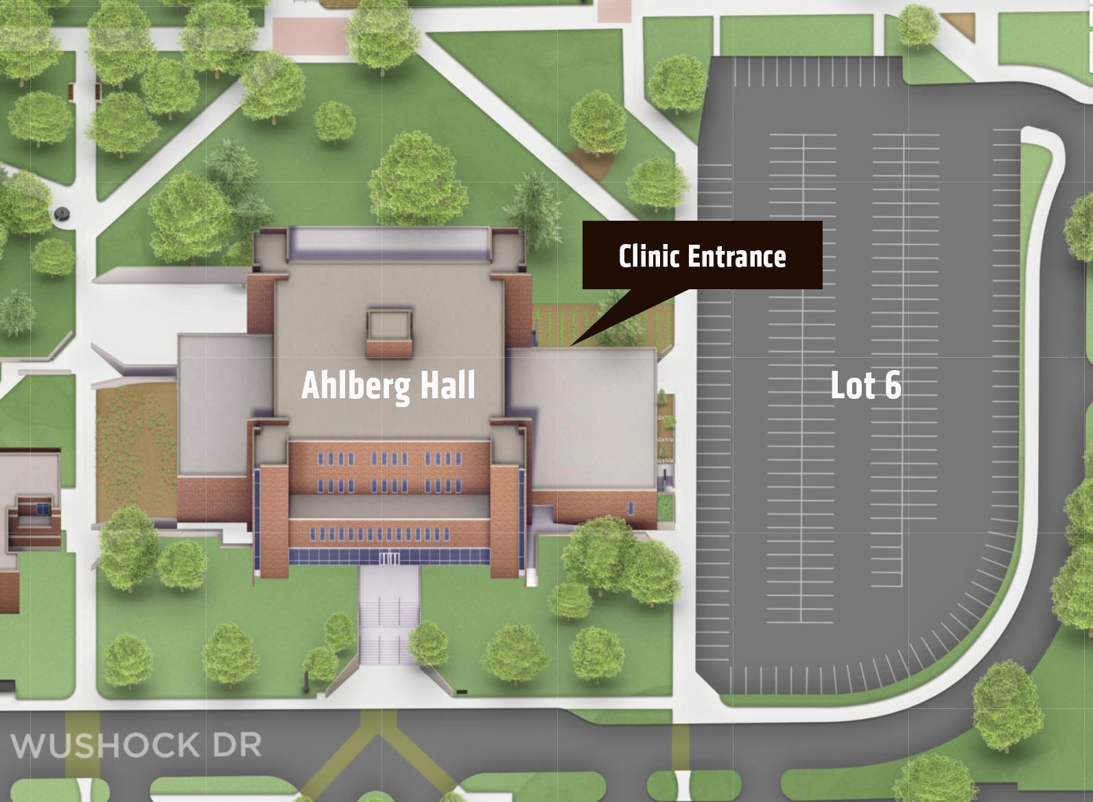 Ahlberg Hall map showing Parking Lot 6 and the Clinic Entrance.