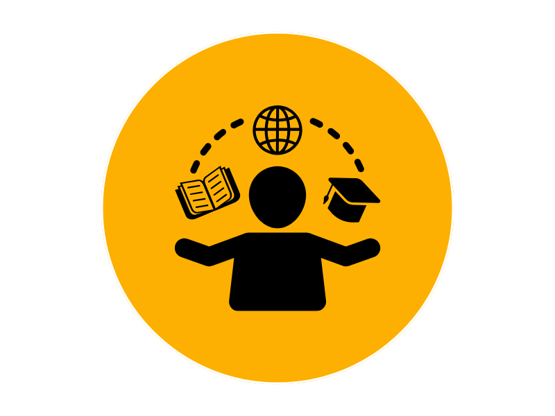 Icon depicting a person with a book, a globe and a mortarboard