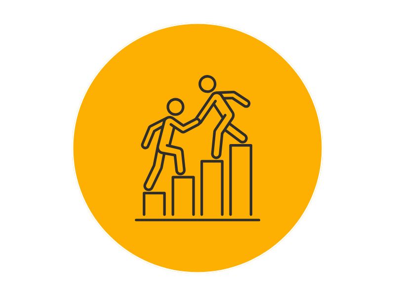 Icon depicting two people helping each other climb a bar chart