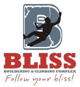Guy climbing on large B. Bliss written underneath. Under that is written Bouldering and Climbing Complex. Follow your Bliss!