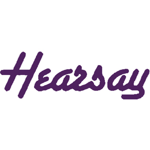 "Hearsay" in purple cursive