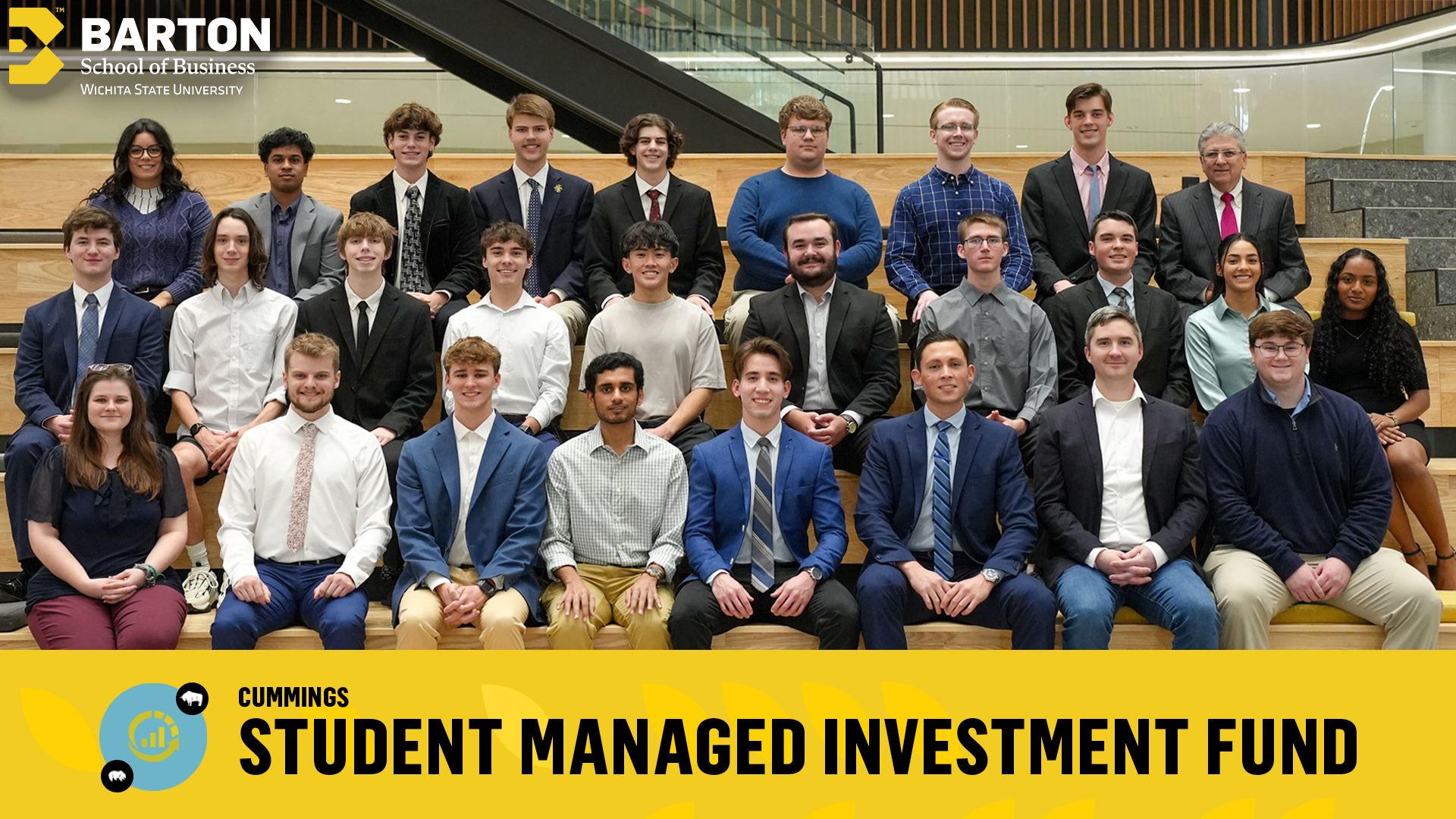 The inaugural group for the Erin and Kyle Cummings Student Managed Investment Fund (SMIF), consisting of 30 students from across the world, on the social stairs in Woolsey Hall.