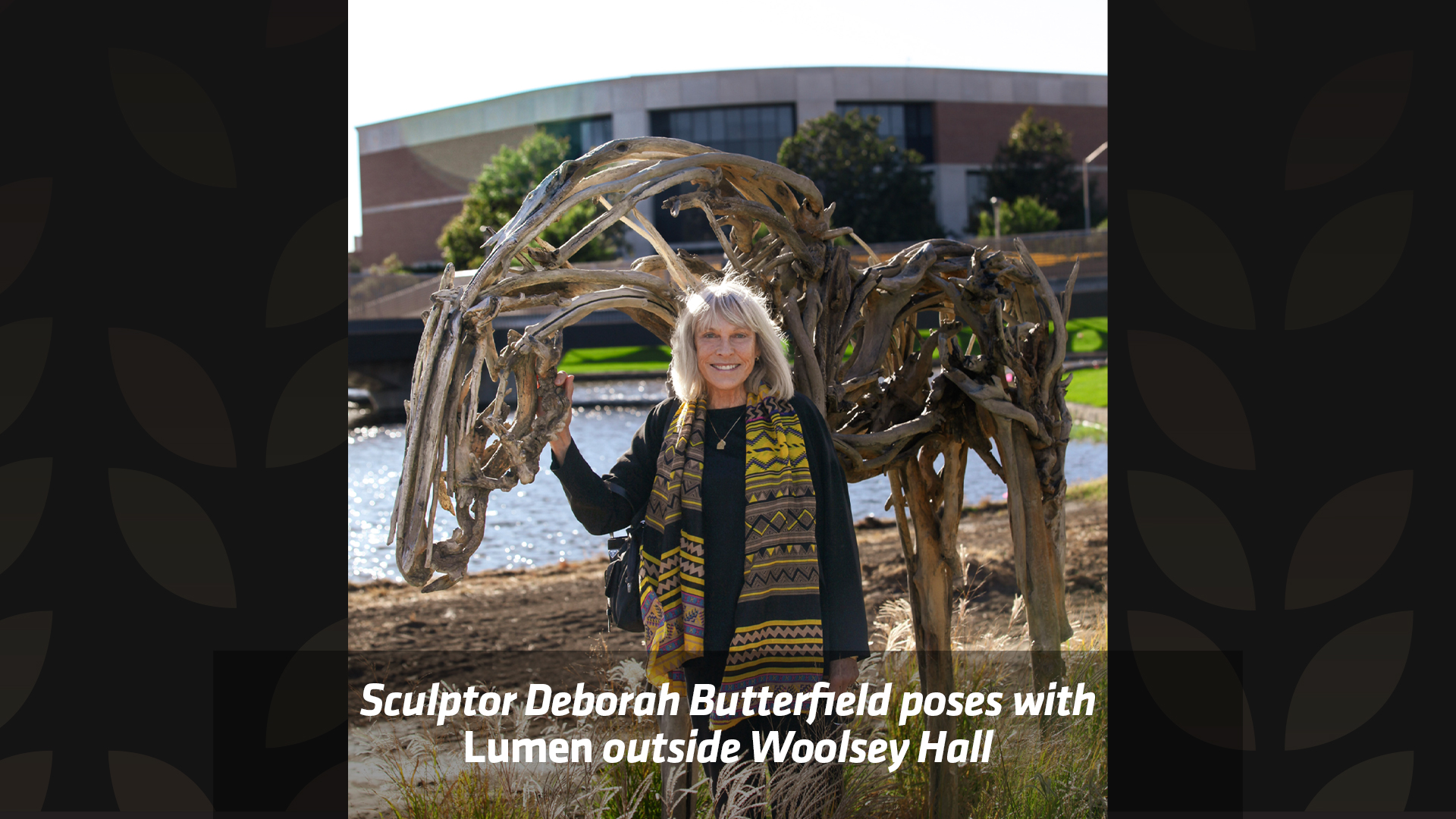 Sculptor Deborah Butterfield poses with Lumen outside Woolsey Hall.