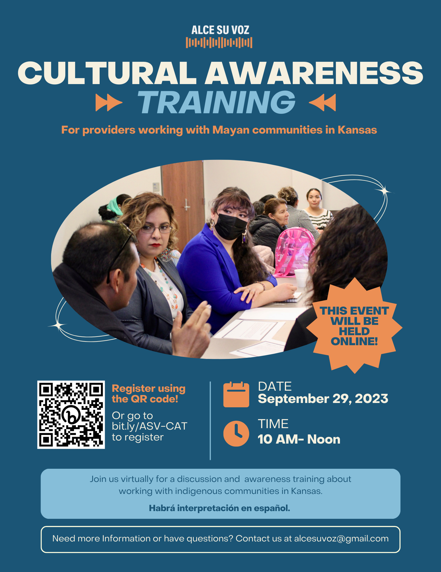 Flyer for the event with basic information and photo of people in discussion