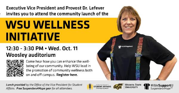 Flyer with event details and Provost Lefever wearing Suspenders for Hope