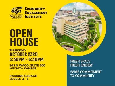 Flyer for the event with the CEI logo and an image of a multilevel building with green space.