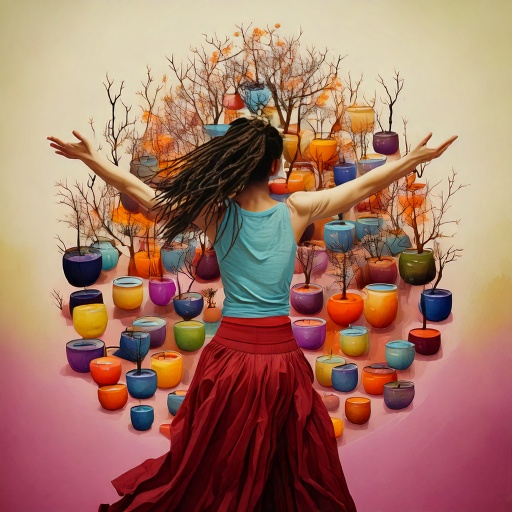 Ai generated image of woman with arms raised, facing away, in front of a colorful collection of pots with dormant woody plants