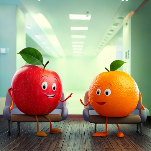 A cartoon apple and orange having a cheerful conversation in a bright waiting room