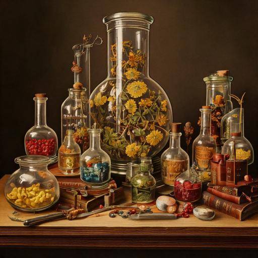 AI-generated image of glass flasks on a table with flowers and biologicals inside