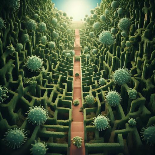AI-generated image of a maze with green pathogen bushes and a clear path through the center