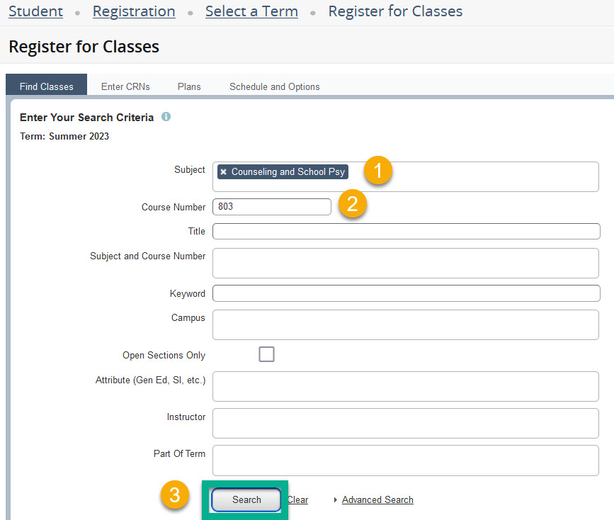 Course Searching, Find Classes tab Image is the Find Classes tab of the course search tool. The student is instructed to insert the course subject (for example CESP) in the subject field, and then to enter the course number in the Course Number field (for example 803). Finally, the student is instructed to press the search button to perform the search.