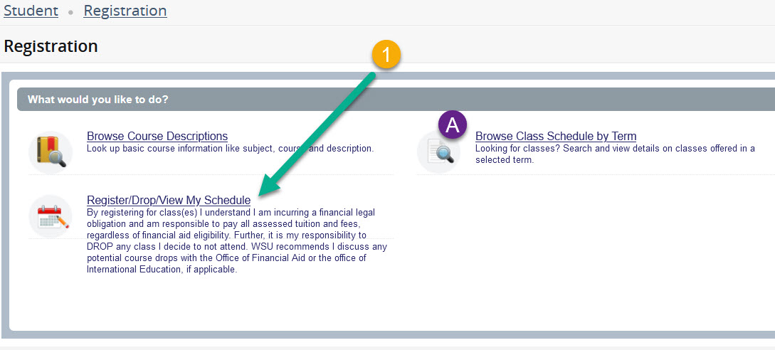 Select Register/Drop/View My Schedule Image displays the Registation page options and instructs student to click on the REgister/Drop/View My Schedule Link. It alternatively suggest clicking on the Browse Class Schedule by Term link if registration is not yet open but the schedule is available for viewing.