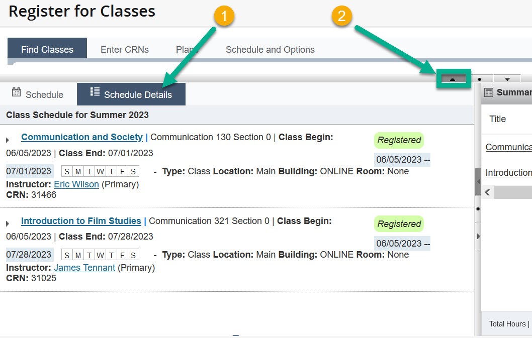 Schedule Details An image is shown of the Schedule Details tab being selected and the option to resize the panel so more can be viewed without needing to scroll as much to view more courses in the summary. Students are instructed to reivew the courses they have registered in.