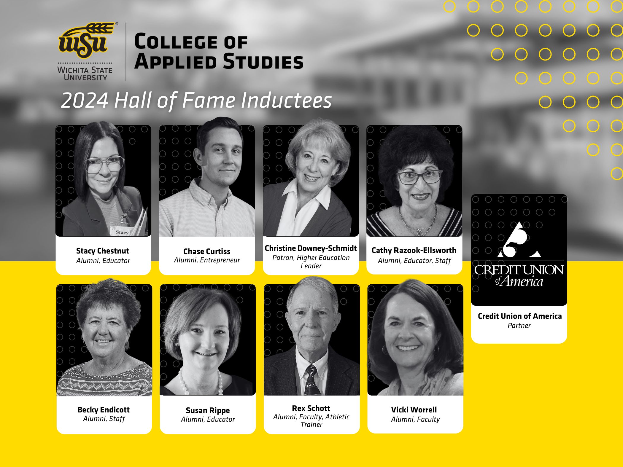 Graphic with pictures and titles of new CAS hall of fame members - Stacy Chestnut, Chase Curtiss, Christine Downey-Schmidt, Cathy Razook-Ellsworth, Becky Endicott, Susan Rippe, Rex Schott, Vicki Worrell