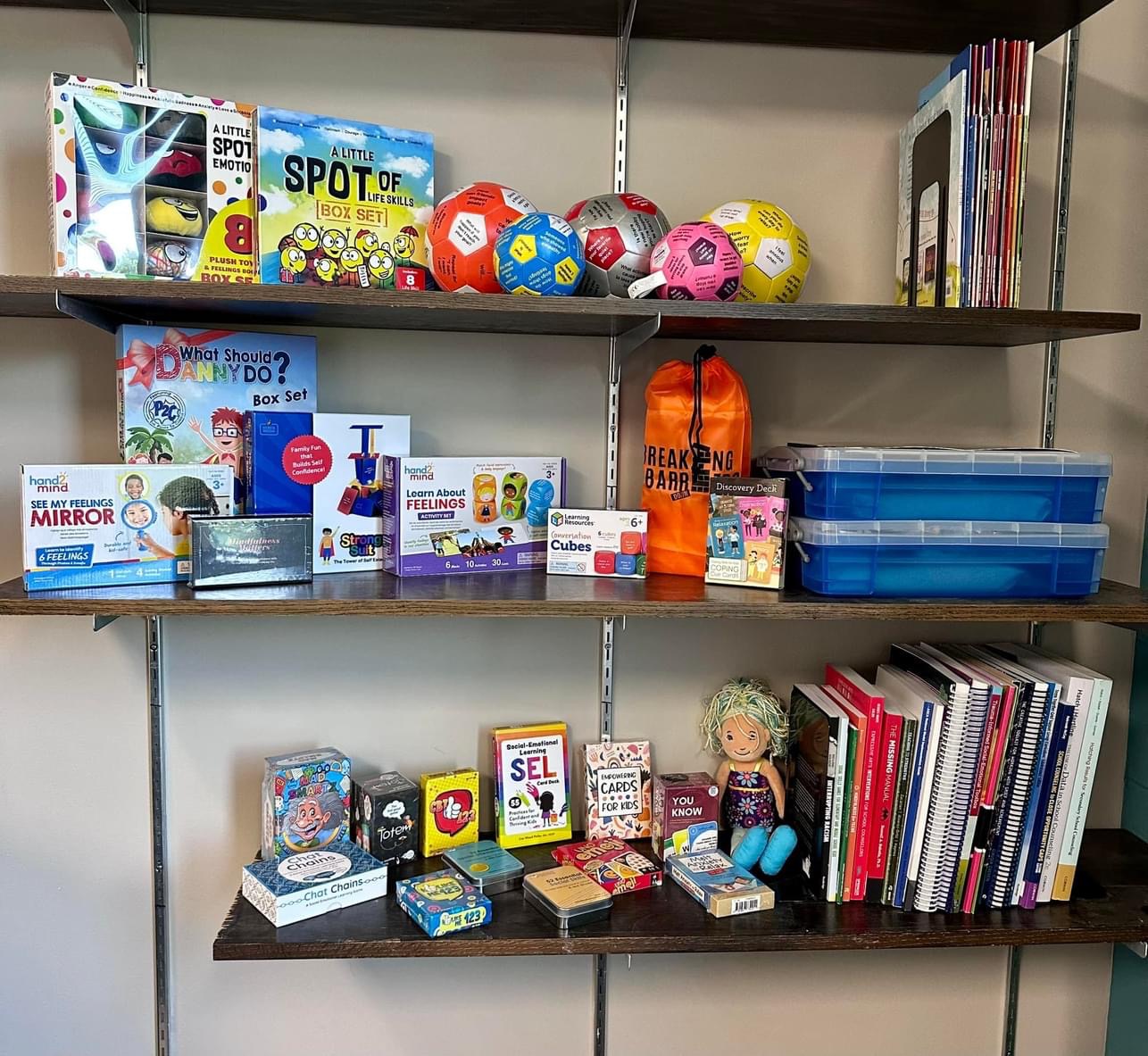 Image of school counseling resouce closet with items for students in their practicum and internships to check out.