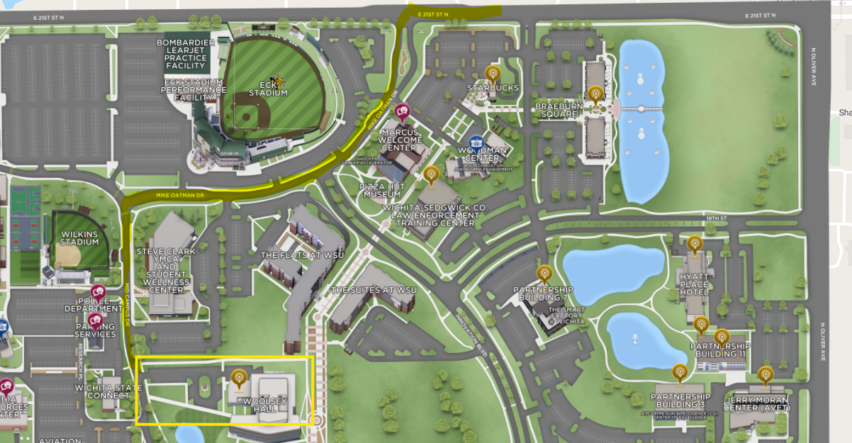 Parking Map Map showing the designated workshop parking lot. From 21st street, enter Mike Oatman Dr. then turn onto Mid Campus Dr. until you arrive at Woolsey Hall parking.