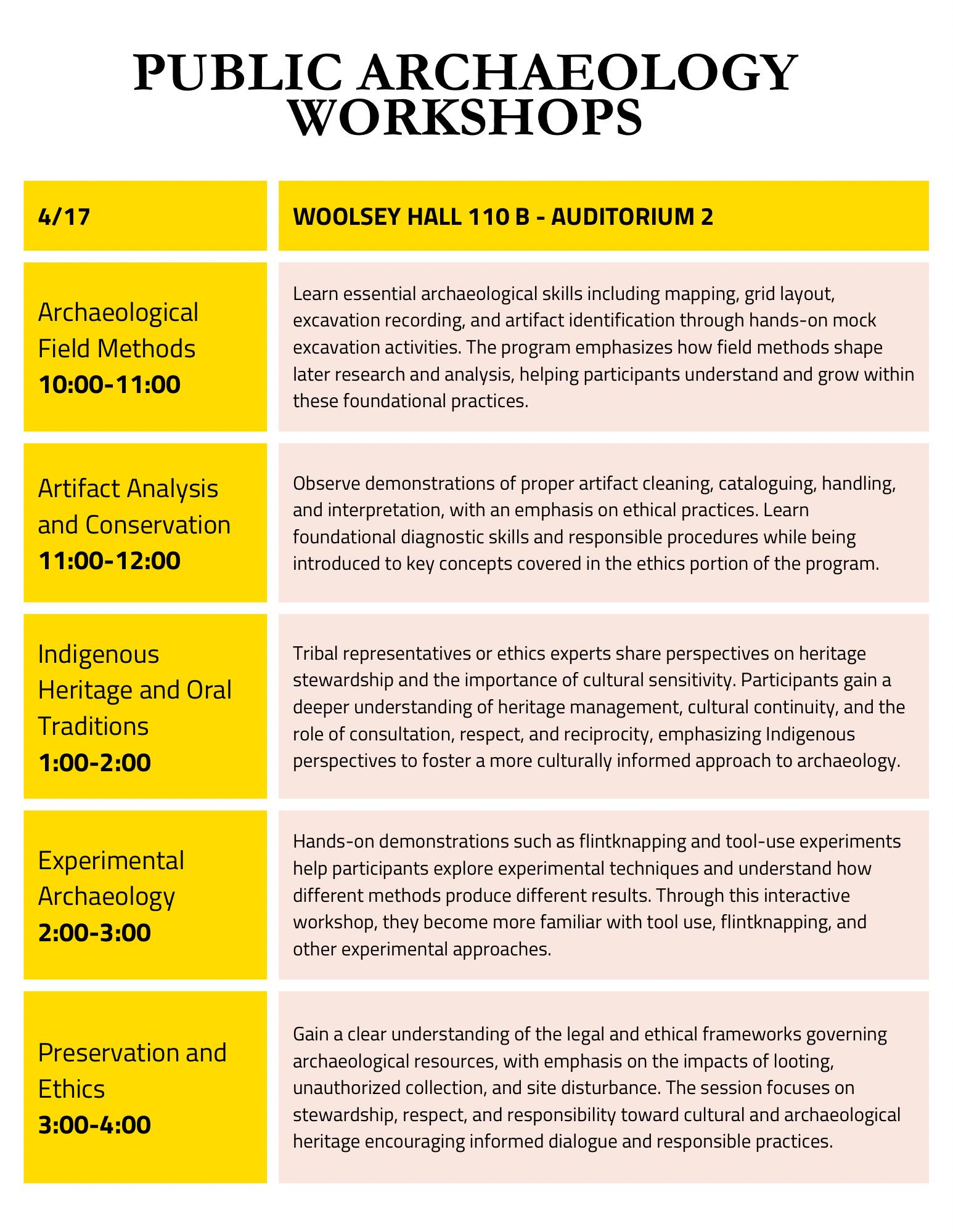 timetable of workshop events for April 17 2026