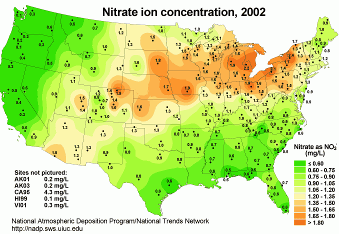 US map showing nitrate concentration from 2002