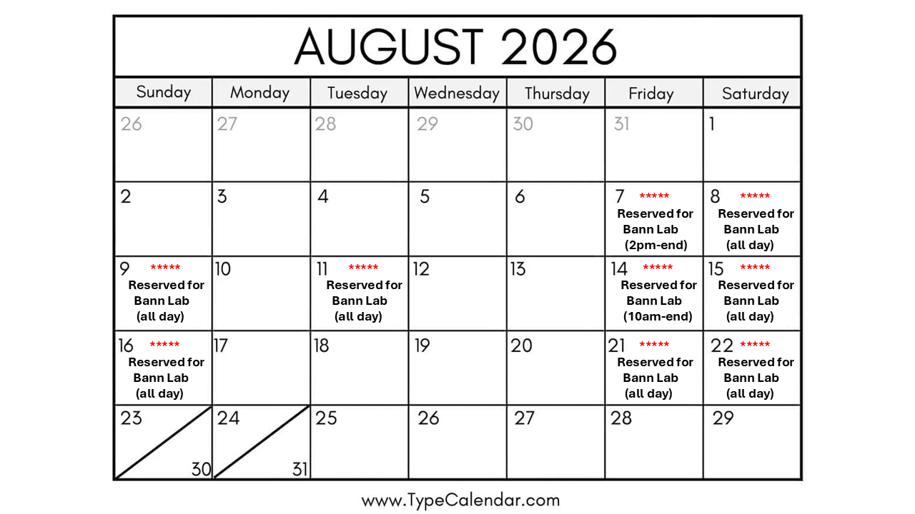 Reservation calendar for August 2026