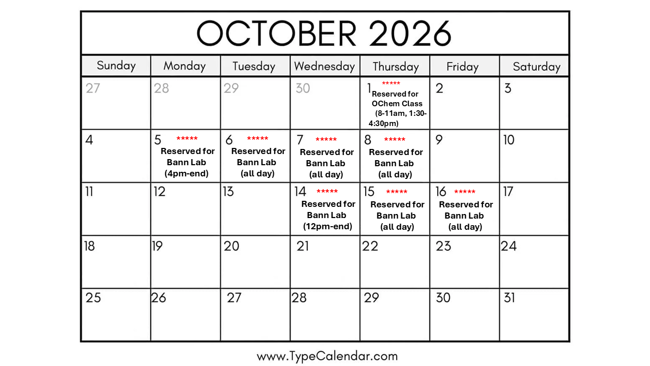Reservation calendar for October 2026