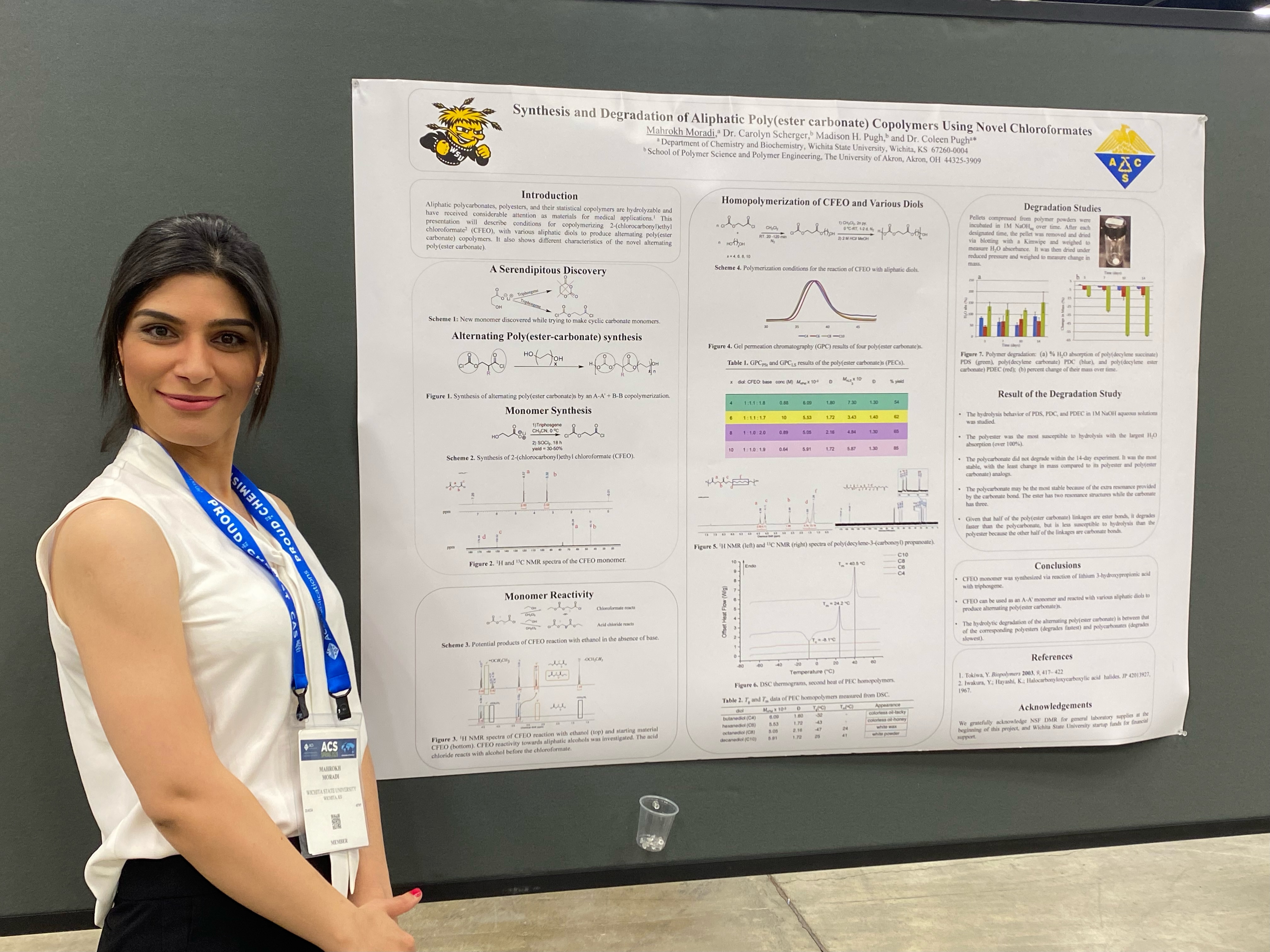 Graduate student posing in front of poster at a conference
